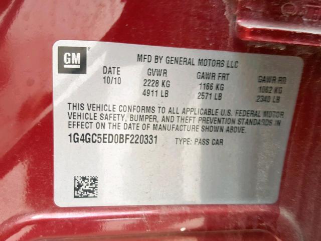 1G4GC5ED0BF220331 - 2011 BUICK LACROSSE C BURGUNDY photo 10