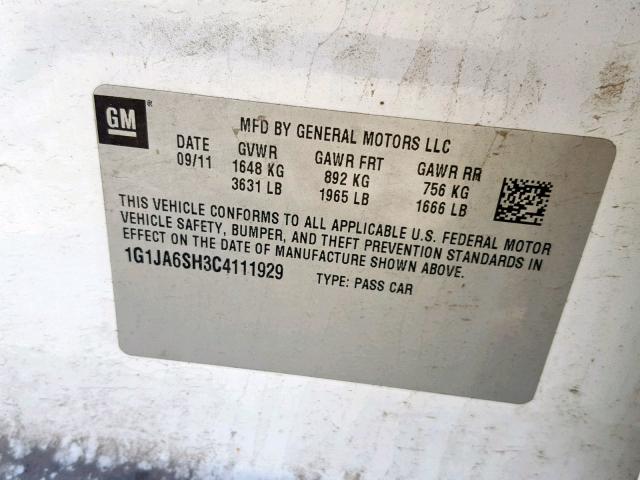 1G1JA6SH3C4111929 - 2012 CHEVROLET SONIC LS WHITE photo 10