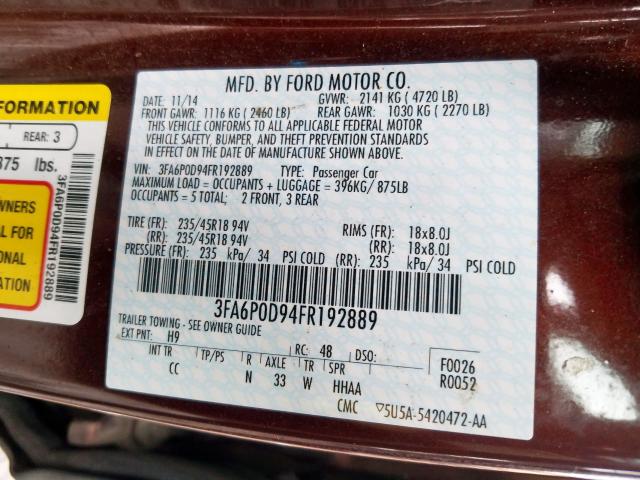 3FA6P0D94FR192889 - 2015 FORD FUSION TITANIUM  photo 10