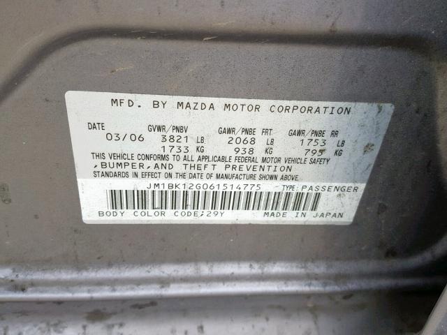 JM1BK12G061514775 - 2006 MAZDA 3 I SILVER photo 10