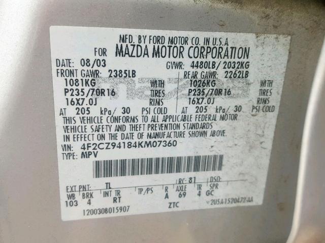 4F2CZ94184KM07360 - 2004 MAZDA TRIBUTE LX SILVER photo 10