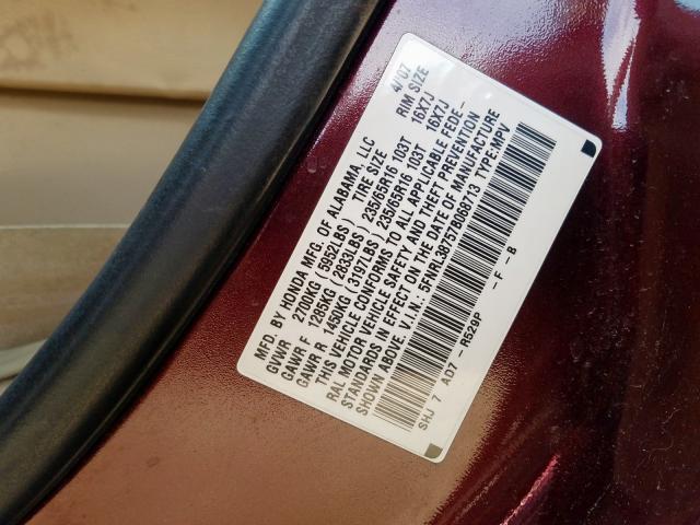 5FNRL38757B068713 - 2007 HONDA ODYSSEY EXL  photo 10