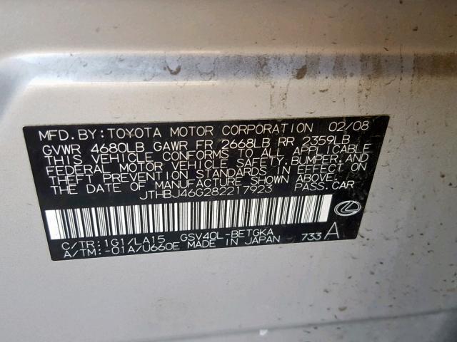 JTHBJ46G282217923 - 2008 LEXUS ES 350 SILVER photo 10