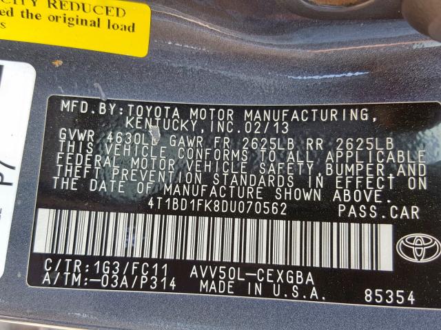 4T1BD1FK8DU070562 - 2013 TOYOTA CAMRY HYBR GRAY photo 10