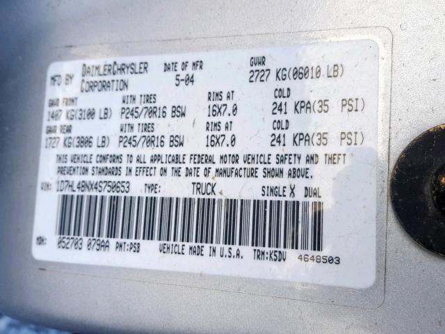 1D7HL48NX4S750653 - 2004 DODGE DAKOTA QUA GRAY photo 10