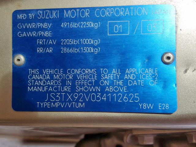 JS3TX92V034112625 - 2003 SUZUKI XL7 PLUS BROWN photo 10