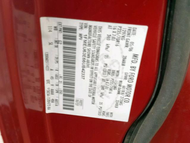 1FMEU63E66UB42337 - 2006 FORD EXPLORER X RED photo 10