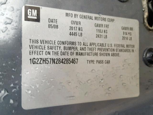 1G2ZH57N284285467 - 2008 PONTIAC G6 GT GRAY photo 10