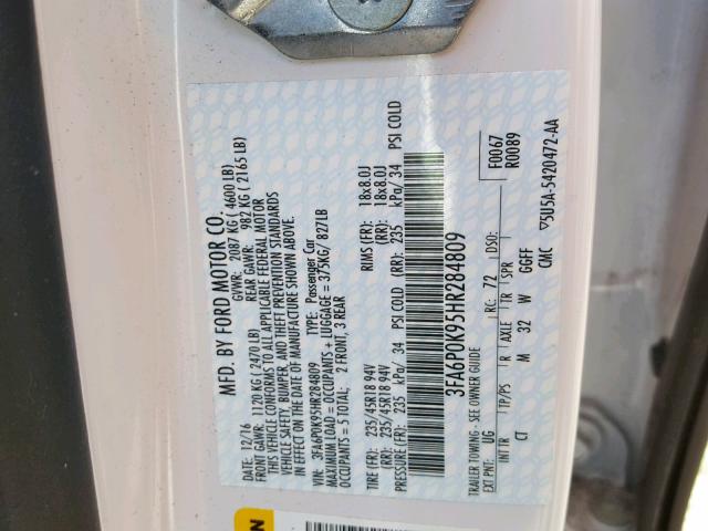 3FA6P0K95HR284809 - 2017 FORD FUSION TIT WHITE photo 10