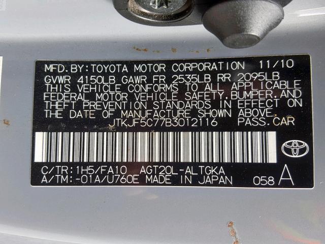 JTKJF5C77B3012116 - 2011 TOYOTA SCION TC ნაცრისფერი ფოტო 10