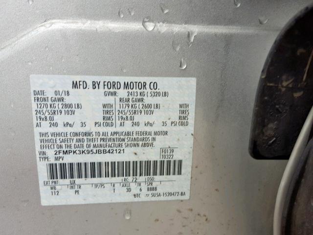 2FMPK3K95JBB42121 - 2018 FORD EDGE TITAN SILVER photo 10