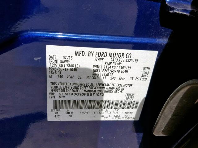 2FMTK3G90FBB71072 - 2015 FORD EDGE SE BLUE photo 10