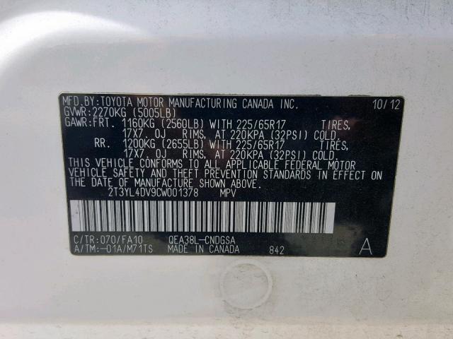 2T3YL4DV9CW001378 - 2012 TOYOTA RAV4 EV WHITE photo 10