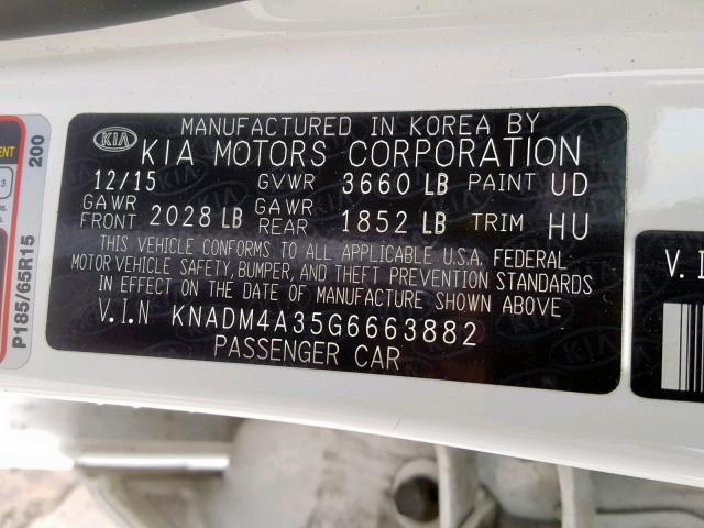 KNADM4A35G6663882 - 2016 KIA RIO LX WHITE photo 10