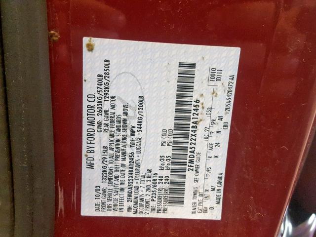 2FMDA522X4BA12456 - 2004 FORD FREESTAR S RED photo 10