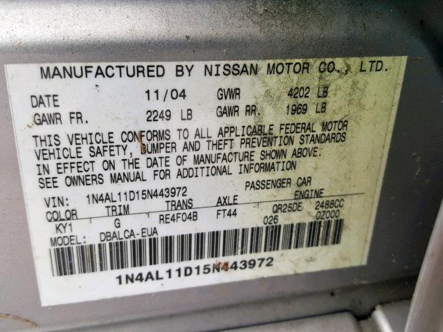 1N4AL11D15N443972 - 2005 NISSAN ALTIMA S SILVER photo 10