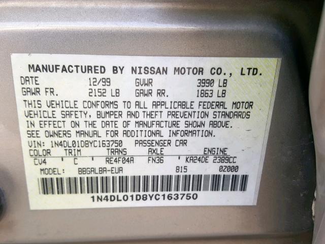 1N4DL01D8YC163750 - 2000 NISSAN ALTIMA XE GOLD photo 10