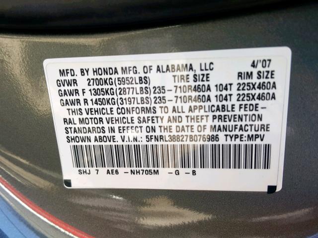 5FNRL38827B076986 - 2007 HONDA ODYSSEY TO GRAY photo 10