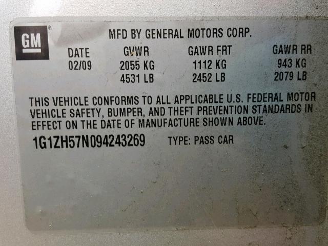 1G1ZH57N094243269 - 2009 CHEVROLET MALIBU 1LT 银色 照片 10