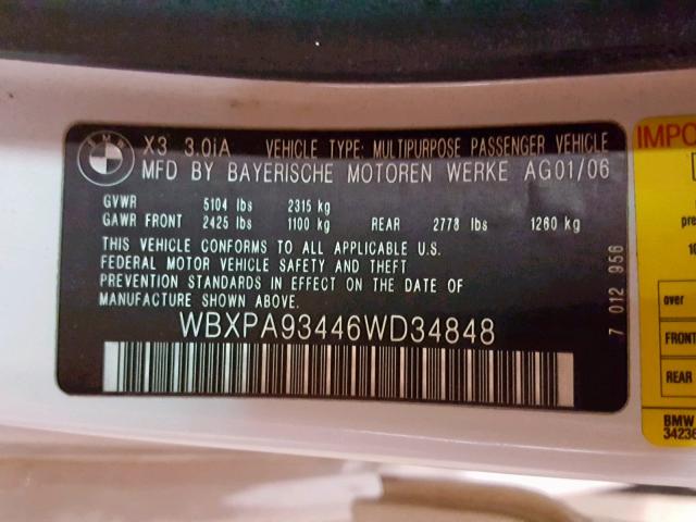 WBXPA93446WD34848 - 2006 BMW X3 3.0I WHITE photo 10