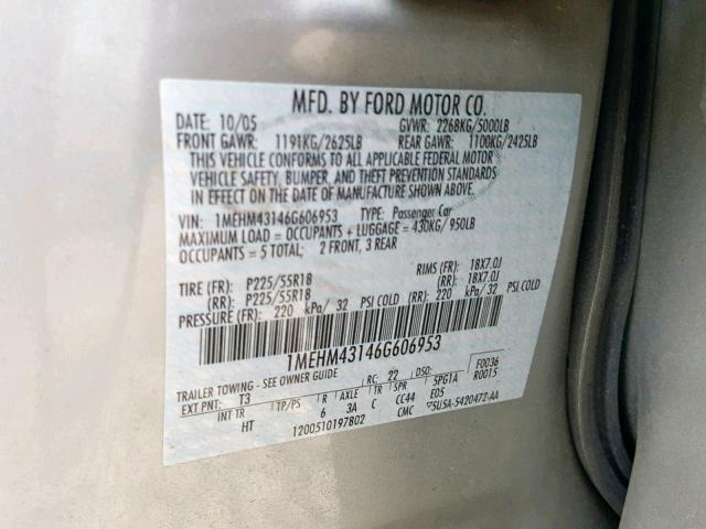 1MEHM43146G606953 - 2006 MERCURY MONTEGO PR SILVER photo 10