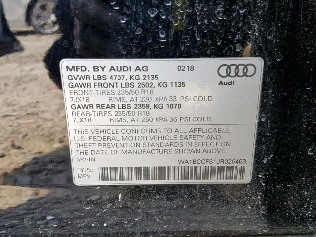 WA1BCCFS1JR026463 - 2018 AUDI Q3 PREMIUM BLACK photo 10