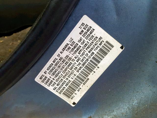 5FNRL388X5B131438 - 2005 HONDA ODYSSEY TO BLUE photo 10