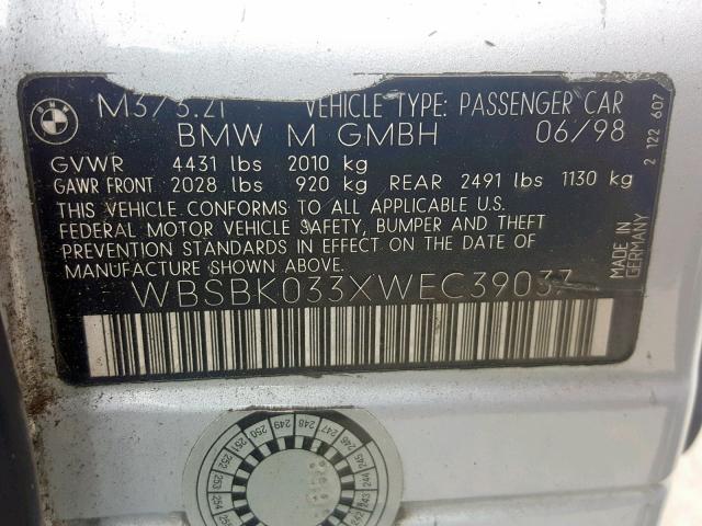 WBSBK033XWEC39037 - 1998 BMW M3 AUTOMAT SILVER photo 10