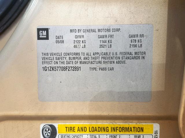 1G1ZK57708F272891 - 2008 CHEVROLET MALIBU LTZ ოქროსფერი ფოტო 10