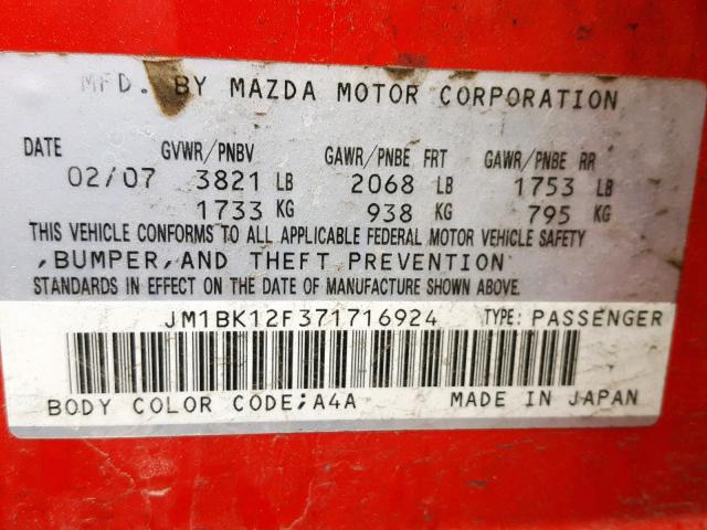 JM1BK12F371716924 - 2007 MAZDA 3 I RED photo 10