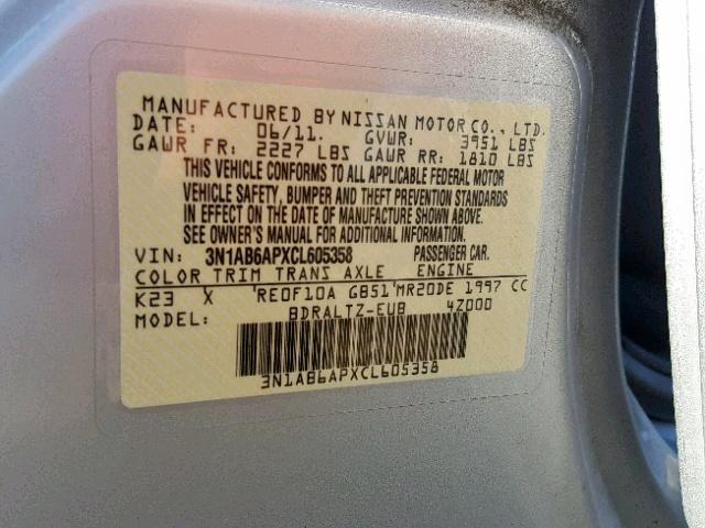 3N1AB6APXCL605358 - 2012 NISSAN SENTRA 2.0 SILVER photo 10