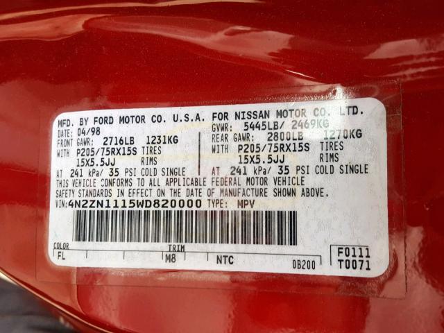 4N2ZN1115WD820000 - 1998 NISSAN QUEST XE RED photo 10