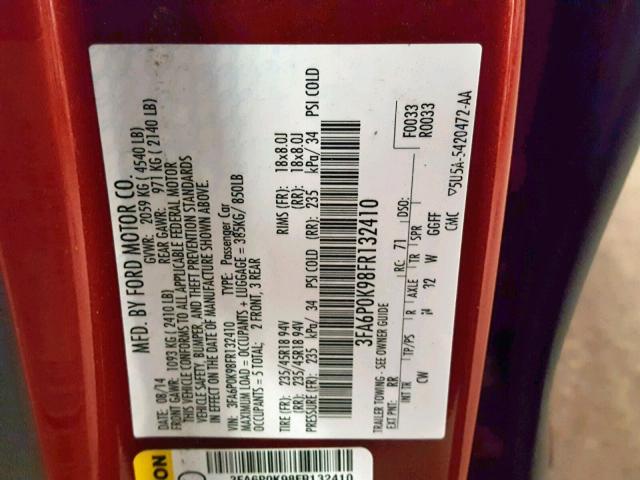 3FA6P0K98FR132410 - 2015 FORD FUSION TIT RED photo 10