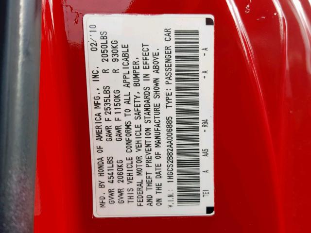 1HGCS2B82AA006885 - 2010 HONDA ACCORD EXL RED photo 10