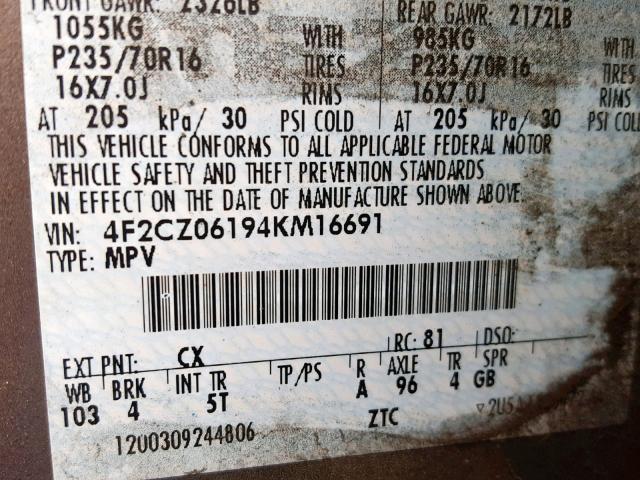 4F2CZ06194KM16691 - 2004 MAZDA TRIBUTE ES 灰色 照片 10