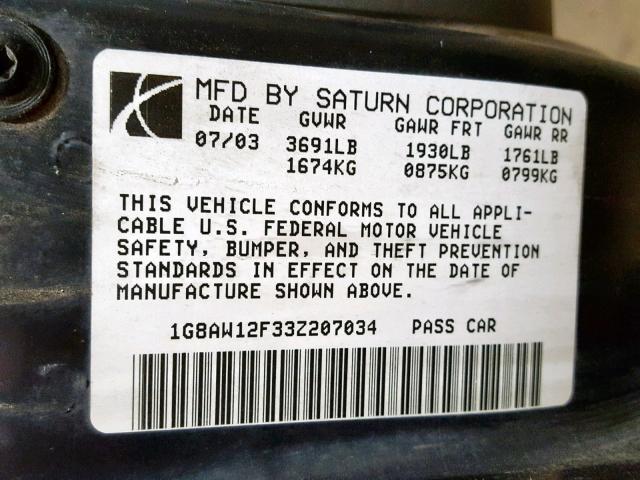 1G8AW12F33Z207034 - 2003 SATURN ION LEVEL SILVER photo 10
