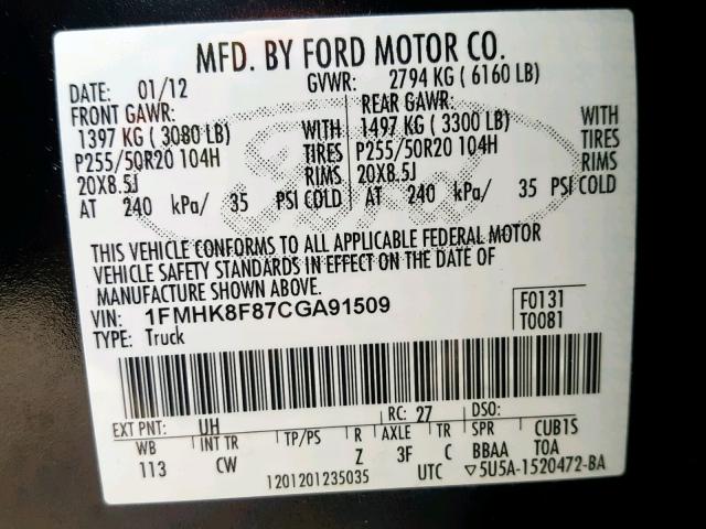 1FMHK8F87CGA91509 - 2012 FORD EXPLORER L BLACK photo 10