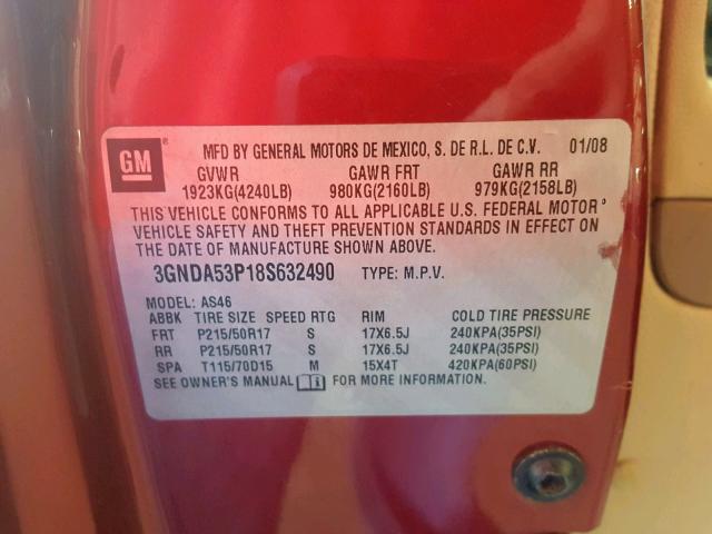 3GNDA53P18S632490 - 2008 CHEVROLET HHR LT RED photo 10