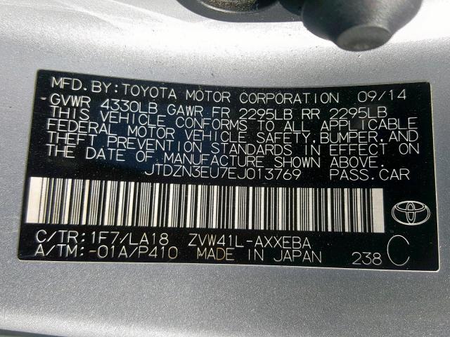 JTDZN3EU7EJ013769 - 2014 TOYOTA PRIUS V SILVER photo 10