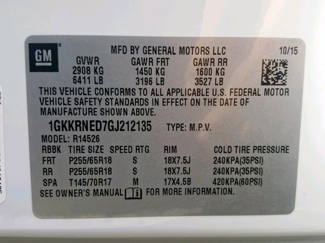 1GKKRNED7GJ212135 - 2016 GMC ACADIA SLE WHITE photo 10