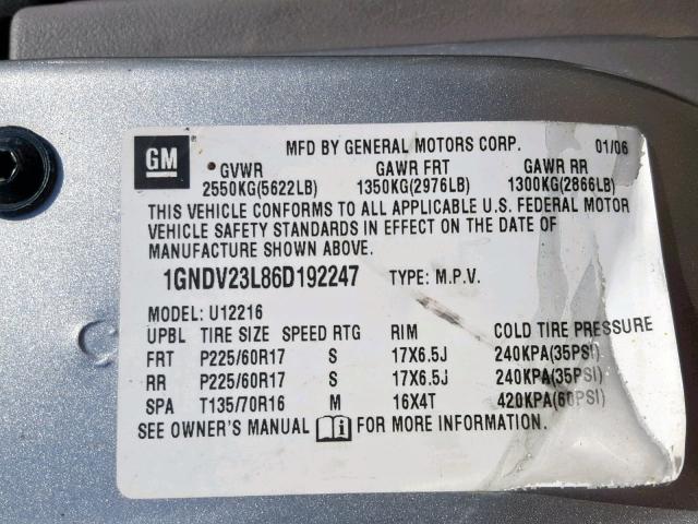 1GNDV23L86D192247 - 2006 CHEVROLET UPLANDER L 金色 照片 10