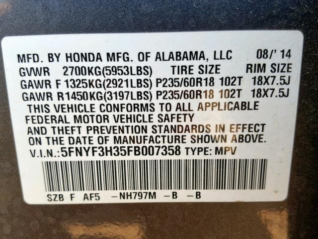 5FNYF3H35FB007358 - 2015 HONDA PILOT SE GRAY photo 10