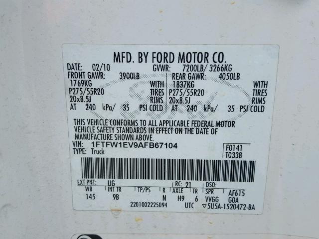 1FTFW1EV9AFB67104 - 2010 FORD F150 SUPER WHITE photo 10