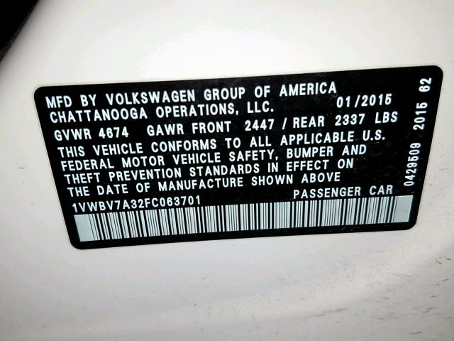 1VWBV7A32FC063701 - 2015 VOLKSWAGEN PASSAT SE WHITE photo 10