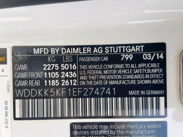 WDDKK5KF1EF274741 - 2014 MERCEDES-BENZ E 350 WHITE photo 10