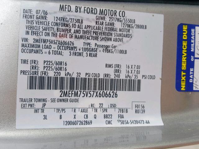 2MEFM75V57X606626 - 2007 MERCURY GRAND MARQ SILVER photo 10