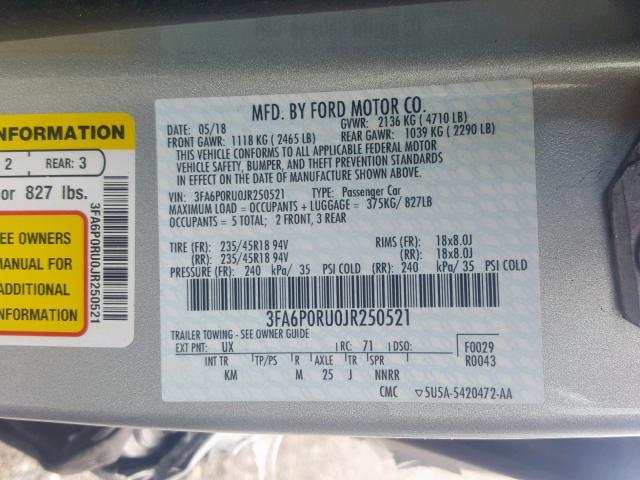 3FA6P0RU0JR250521 - 2018 FORD FUSION TIT SILVER photo 10