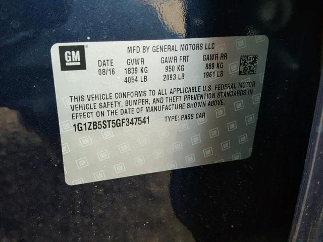 1G1ZB5ST5GF347541 - 2016 CHEVROLET MALIBU LS BLUE photo 10