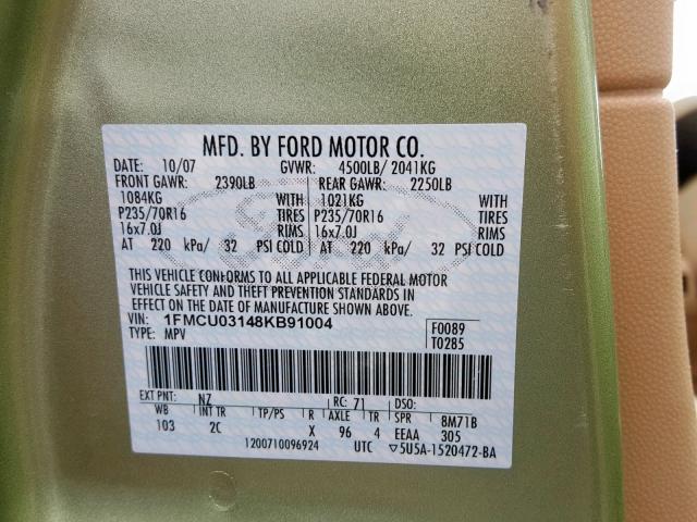 1FMCU03148KB91004 - 2008 FORD ESCAPE XLT GREEN photo 10