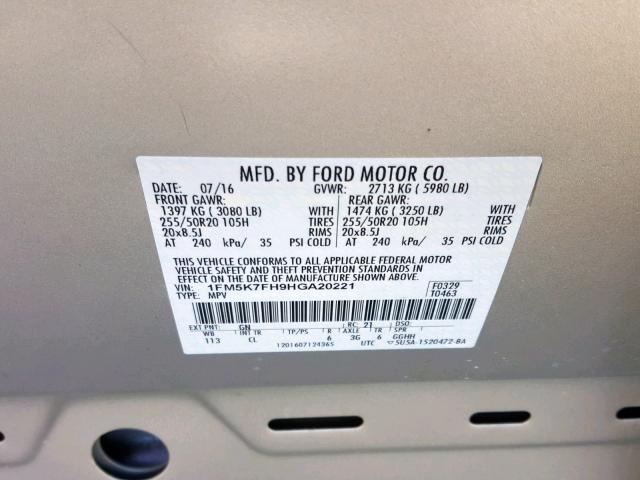 1FM5K7FH9HGA20221 - 2017 FORD EXPLORER L GOLD photo 10